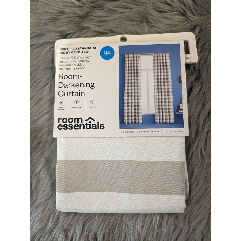 Room darkening Curtain panel, tan and white stripe